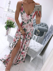 Maxi Dresses Sleeveless Printed V-Neck Split Front Maxi Floor Length Dress