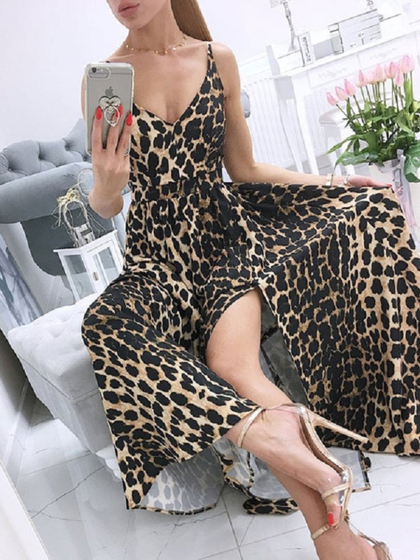 Maxi Dresses Sleeveless Printed V-Neck Split Front Maxi Floor Length Dress