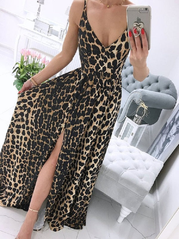 Maxi Dresses Sleeveless Printed V-Neck Split Front Maxi Floor Length Dress
