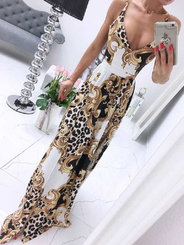 Maxi Dresses Sleeveless Printed V-Neck Split Front Maxi Floor Length Dress