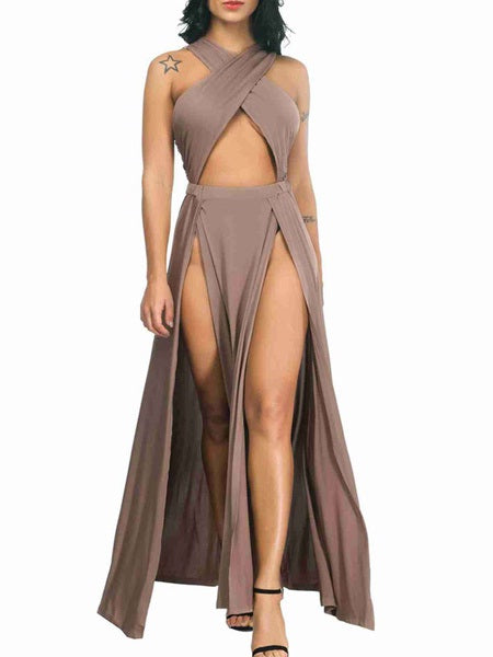 Maxi Dresses Sleeveless Straps Neck Cotton Blend Long Dress