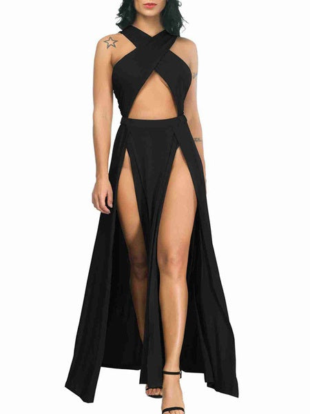 Maxi Dresses Sleeveless Straps Neck Cotton Blend Long Dress