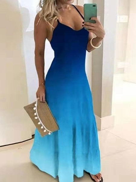 Maxi Dresses Sleeveless Two Tone Straps Neck Polyester Floor Length Dress