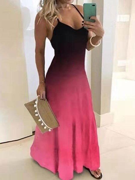 Maxi Dresses Sleeveless Two Tone Straps Neck Polyester Floor Length Dress