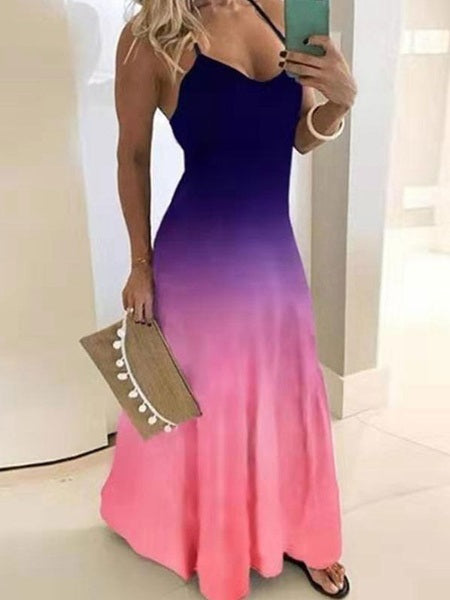 Maxi Dresses Sleeveless Two Tone Straps Neck Polyester Floor Length Dress