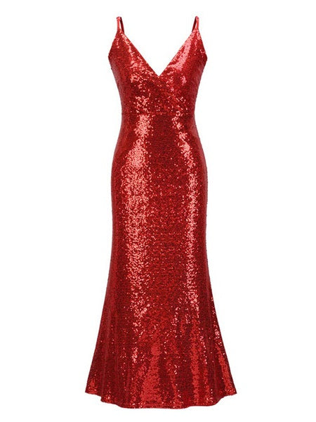 Maxi Dresses Sleeveless V Neck Sequins Polyester Floor Length Dress