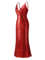 Maxi Dresses Sleeveless V Neck Sequins Polyester Floor Length Dress