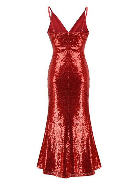Maxi Dresses Sleeveless V Neck Sequins Polyester Floor Length Dress