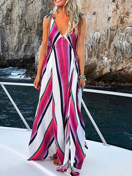Maxi Dresses Stripes Straps Neck Fringe Polyester Floor Length Dress