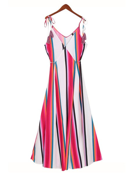 Maxi Dresses Stripes Straps Neck Fringe Polyester Floor Length Dress