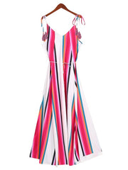 Maxi Dresses Stripes Straps Neck Fringe Polyester Floor Length Dress