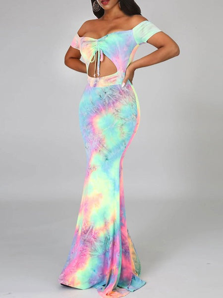 Maxi Dresses Tie Dye Off-The-Shoulder Short Sleeves Lace Up Cut Out Long Dress