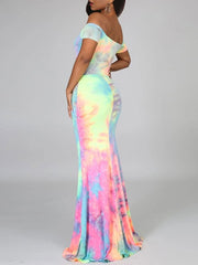 Maxi Dresses Tie Dye Off-The-Shoulder Short Sleeves Lace Up Cut Out Long Dress