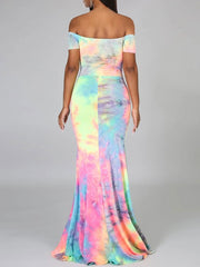 Maxi Dresses Tie Dye Off-The-Shoulder Short Sleeves Lace Up Cut Out Long Dress