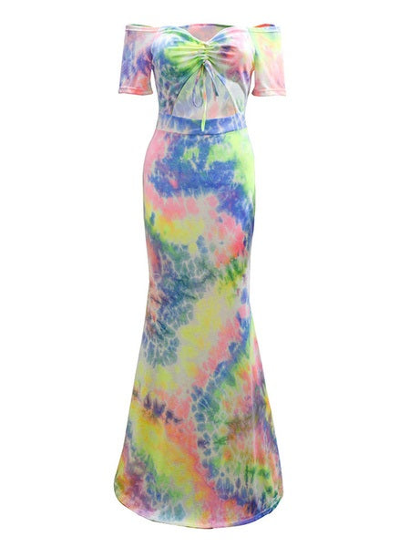 Maxi Dresses Tie Dye Off-The-Shoulder Short Sleeves Lace Up Cut Out Long Dress