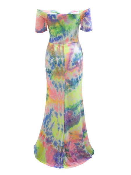 Maxi Dresses Tie Dye Off-The-Shoulder Short Sleeves Lace Up Cut Out Long Dress