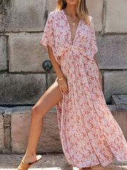 Maxi Dresses V-Neck Half Sleeves Floral Print Cut Out Slit Long Dress