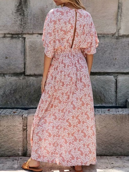 Maxi Dresses V-Neck Half Sleeves Floral Print Cut Out Slit Long Dress