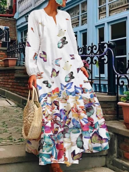 Maxi Dresses V-Neck Long Sleeves Printed Oversized Long Dress