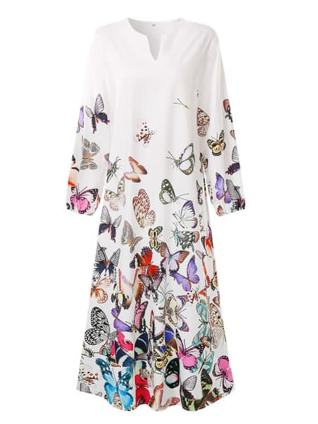 Maxi Dresses V-Neck Long Sleeves Printed Oversized Long Dress