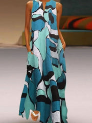 Maxi Dresses V-Neck Sleeveless Printed Polyester Long Dress