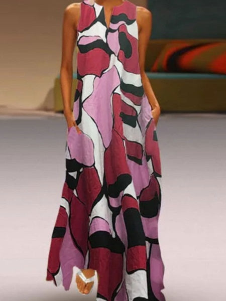 Maxi Dresses V-Neck Sleeveless Printed Polyester Long Dress
