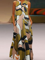Maxi Dresses V-Neck Sleeveless Printed Polyester Long Dress