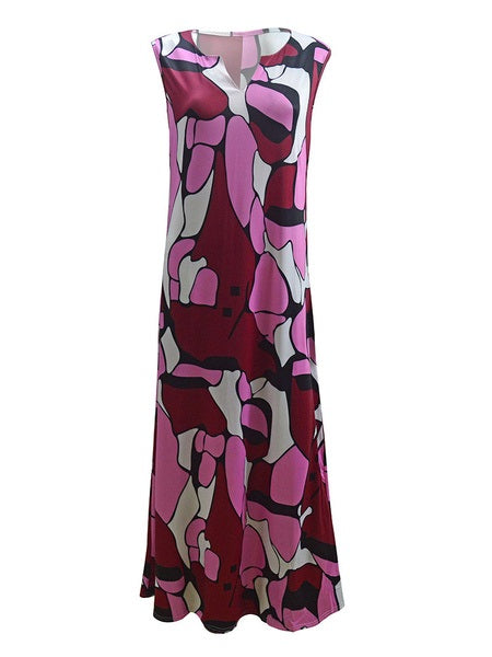 Maxi Dresses V-Neck Sleeveless Printed Polyester Long Dress
