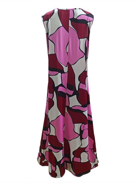 Maxi Dresses V-Neck Sleeveless Printed Polyester Long Dress