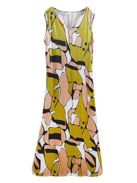 Maxi Dresses V-Neck Sleeveless Printed Polyester Long Dress