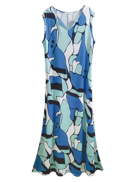 Maxi Dresses V-Neck Sleeveless Printed Polyester Long Dress