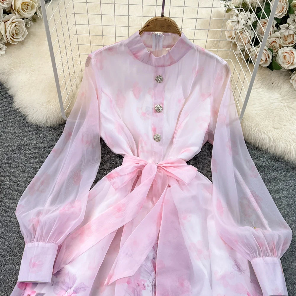 Maxi Dresses for Women Floral Print Lantern Sleeve Female Elegant