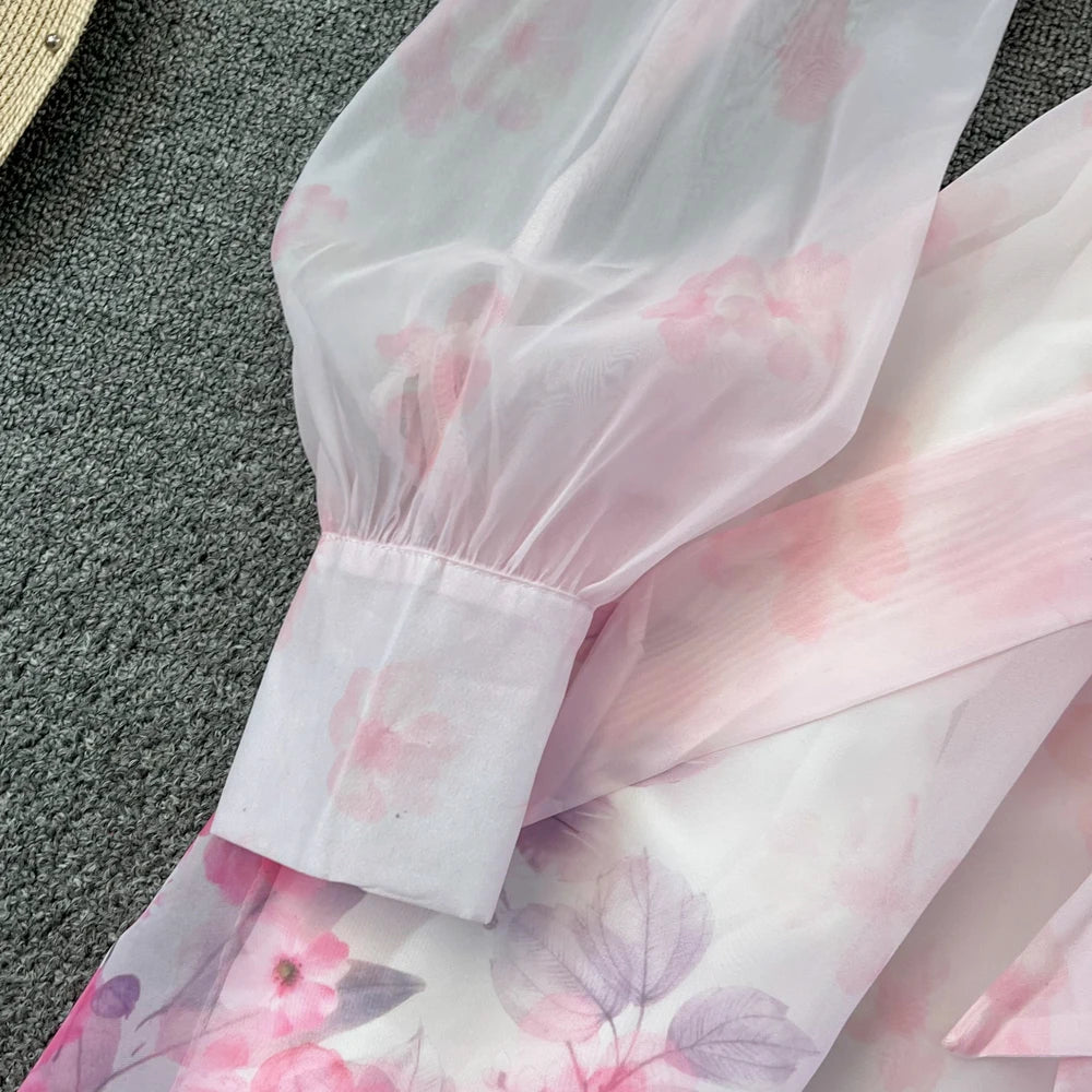 Maxi Dresses for Women Floral Print Lantern Sleeve Female Elegant