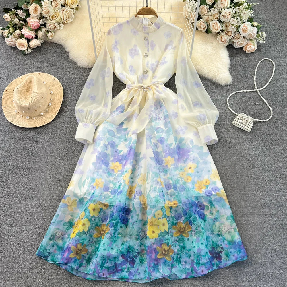 Maxi Dresses for Women Floral Print Lantern Sleeve Female Elegant