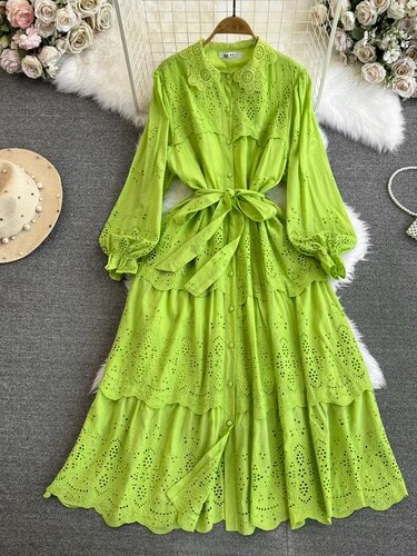 Maxi Dresses for Women Ruffles Turn Down Collar Lace-up Hollow Out