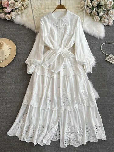 Maxi Dresses for Women Ruffles Turn Down Collar Lace-up Hollow Out