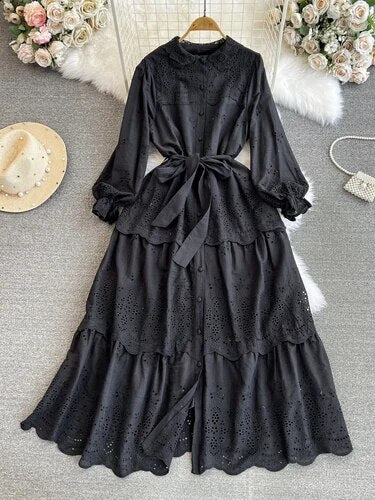 Maxi Dresses for Women Ruffles Turn Down Collar Lace-up Hollow Out