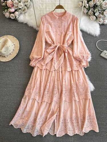Maxi Dresses for Women Ruffles Turn Down Collar Lace-up Hollow Out