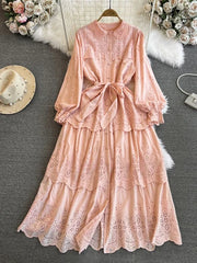 Maxi Dresses for Women Ruffles Turn Down Collar Lace-up Hollow Out