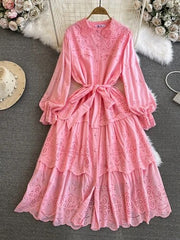 Maxi Dresses for Women Ruffles Turn Down Collar Lace-up Hollow Out