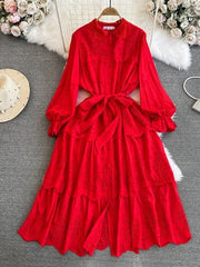 Maxi Dresses for Women Ruffles Turn Down Collar Lace-up Hollow Out