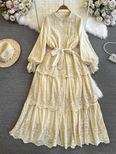 Maxi Dresses for Women Ruffles Turn Down Collar Lace-up Hollow Out