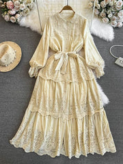 Maxi Dresses for Women Ruffles Turn Down Collar Lace-up Hollow Out