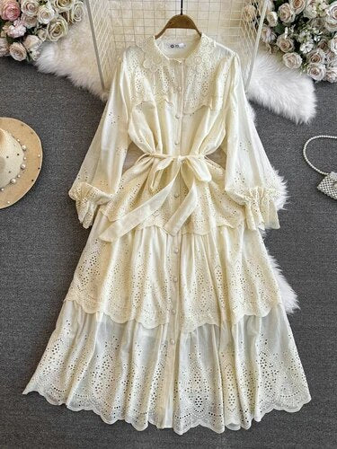 Maxi Dresses for Women Ruffles Turn Down Collar Lace-up Hollow Out