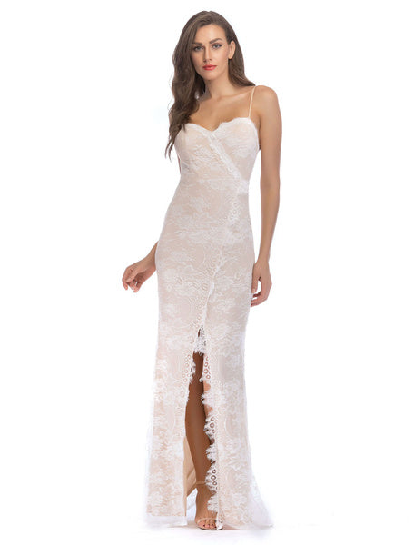 Maxi Lace Dress Straps Evening Dress Split Long Party Dress
