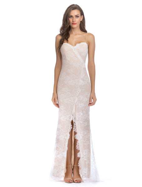 Maxi Lace Dress Straps Evening Dress Split Long Party Dress