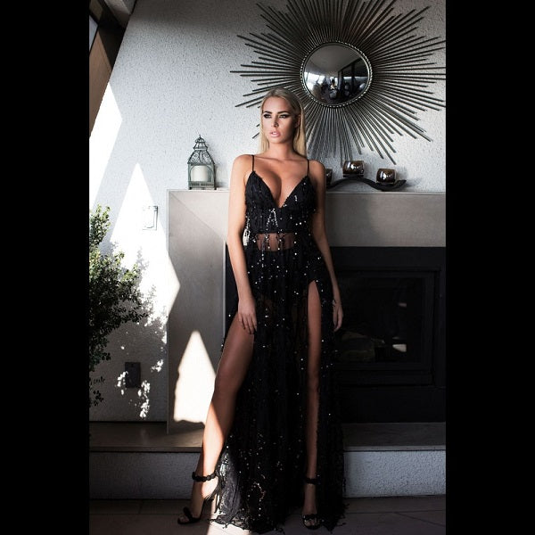 Maxi Long Dress V Neck Backless Evening Split Party Dress