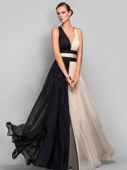 Maxi Party Dress Two Tone Chiffon Plunging Cross Back Formal long Warp Dress