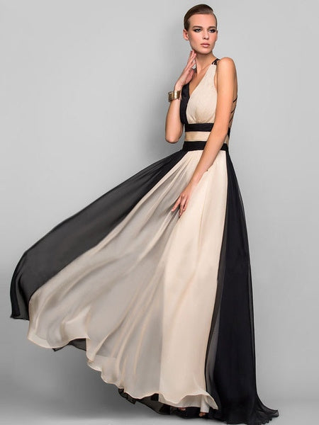 Maxi Party Dress Two Tone Chiffon Plunging Cross Back Formal long Warp Dress