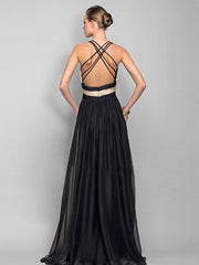 Maxi Party Dress Two Tone Chiffon Plunging Cross Back Formal long Warp Dress